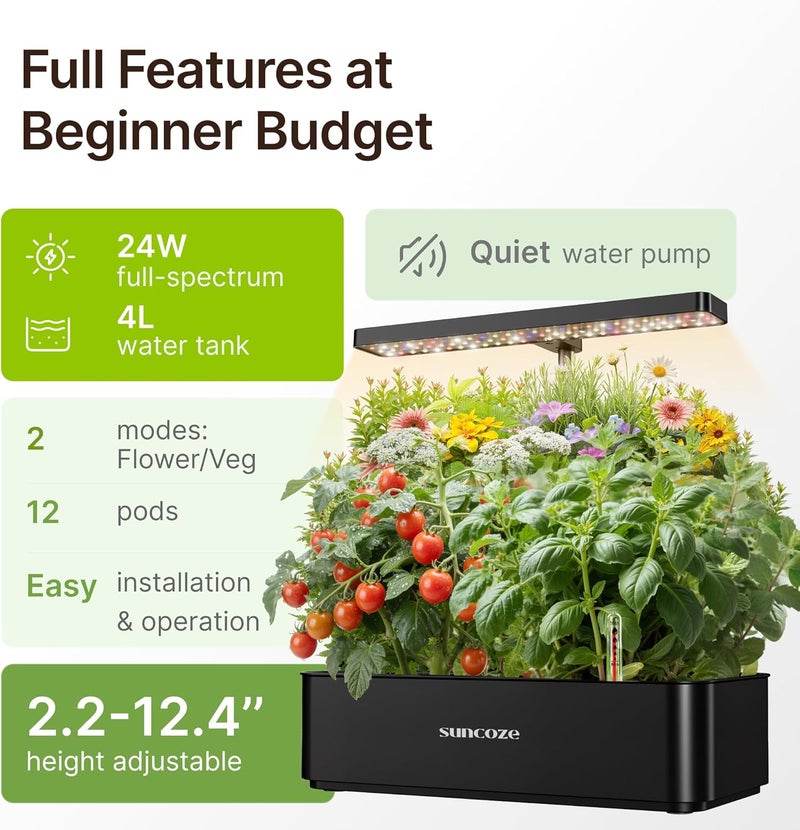 SUNCOZE Hydroponics Growing System Kit 12 Pods, 24W LED Grow Light Indoor Garden, 4L Water Tank with Quiet Pump, Adjustable Height Herb Garden Planter Indoor Kit, Gardening Gifts, Black - Image 2